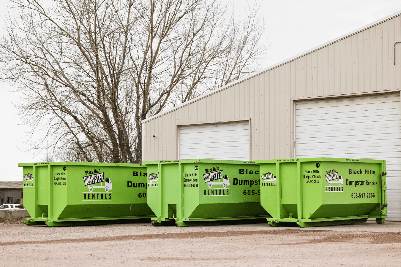 Line up of Black Hills Dumpster Rental bins showcasing different roll-off bin sizes